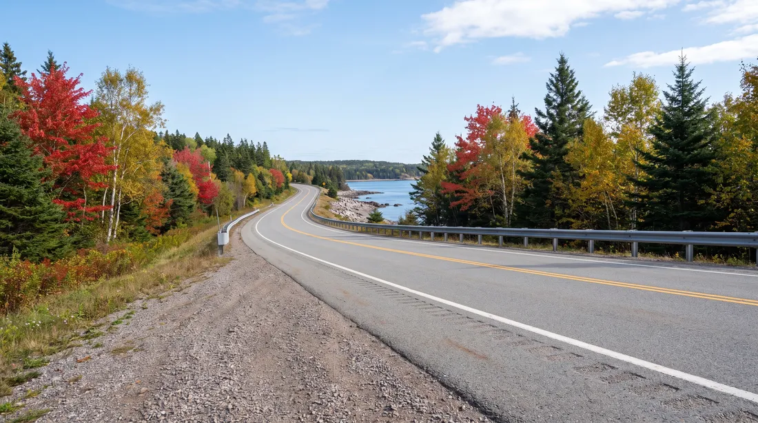 Two-lane highway through autumn maples above a bay